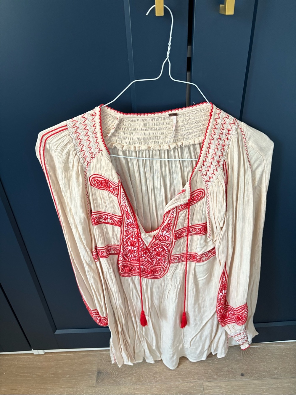 Free People boho Cream Midi Dress with Red Embroidery